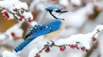 Beautiful blue jay perched on a snowy branch with berries.