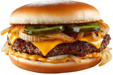 Quirky gourmet burger featuring a spicy jalapeño patty, grilled onions, cheddar cheese, and a special creamy sauce
