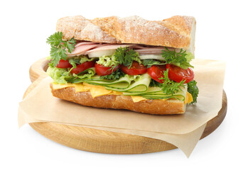 Tasty baguette sandwich with ham, cheese and vegetables isolated on white