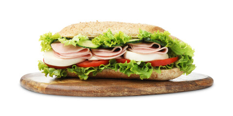 Tasty baguette sandwich with ham and vegetables isolated on white