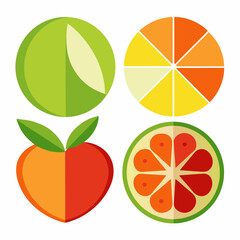 Flat design fruits illustration featuring an apple, orange, peach, and grapefruit