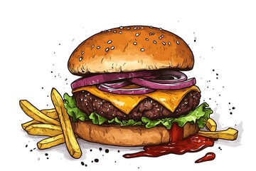 Rich and juicy Angus beef burger with crispy onions, cheddar cheese, and spicy barbecue sauce, served with fries