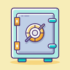 Cartoon Illustration of a Closed Safe with a Turning Mechanism on Yellow