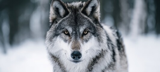 Fototapeta premium The majestic wolf gazing intensely in a serene snowy forest setting.