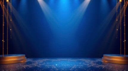 Blue stage with gold trim platforms and spotlights Floor has scattered sparkles