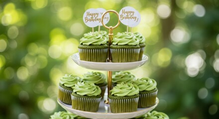 Green birthday cupcakes with frosting on a dessert stand