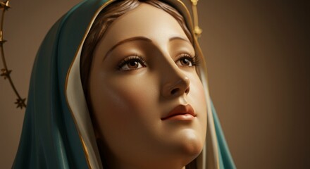 Close-up of Virgin Mary statue with serene expression