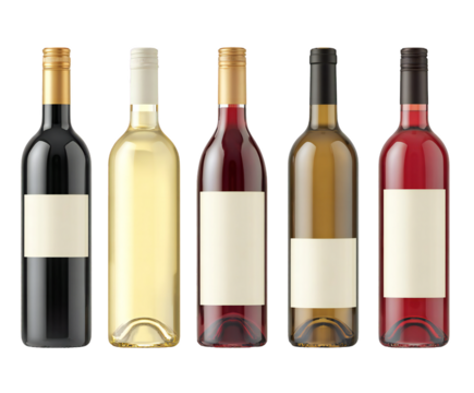 Five Wine Bottles Mockup Blank Labels Elegant Design Premium Quality Red White Rose Wine Beverage Alcohol Drink Studio Shot Isolated Background Perfect for Branding Template bar   