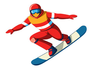 A vibrant red snowboarder, clad in a matching helmet and goggles, executes a dynamic maneuver, isolated on white background
