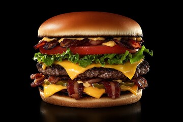 Triple-decker burger stacked with three juicy beef patties, melted cheese, lettuce and tomato 