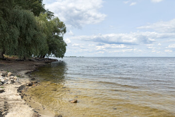 River Dnieper view with gentle waves and overhanging trees in serene natural setting during the...
