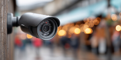 A modern surveillance camera captures the bustling atmosphere of a rain-soaked market, ensuring security amidst vibrant outdoor activities and twinkling lights.