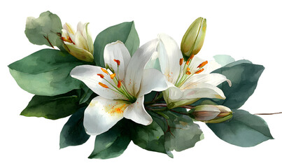 Obraz premium White flowers and green leaves. Watercolor composition. For first communion, wedding, baprism greeting card, invitation. Hand drawn. White lily. Isolated on a white background