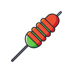 Stylized Illustration of Grilled Skewered Food with Distinct Red and Green Sections