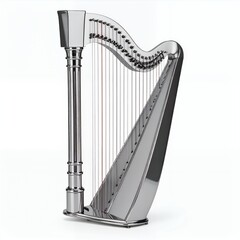 Elegant chrome harp standing gracefully, creating musical inspiration on white background