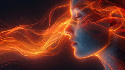 A stunning abstract portrait featuring a woman's profile immersed in an ethereal flow of fiery colors, symbolizing creativity, passion, and the essence of human emotion.