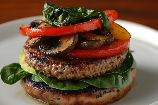 Veggie patty burger topped with roasted red peppers, fresh spinach, grilled mushrooms, and creamy avocado