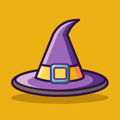 A cartoon illustration of a pointed purple witch hat on yellow background