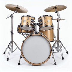 Detailed studio shot of a complete drum kit, featuring cymbals, toms, and a bass drum on white background