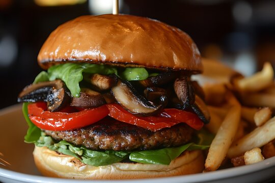 Veggie patty burger topped with roasted red peppers, fresh spinach, grilled mushrooms, and creamy avocado