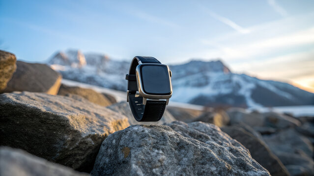 A black smartwatch displaying the time rests on a rocky surface with a mountainous landscape in the background during sunset.