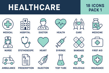Unique 18-piece healthcare icon set featuring medical and hospital symbols in mint green