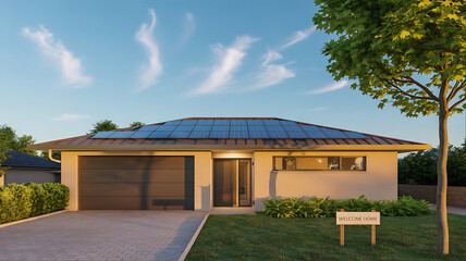 Modern family home with solar panels on the roof at sunset. Sustainable energy concept