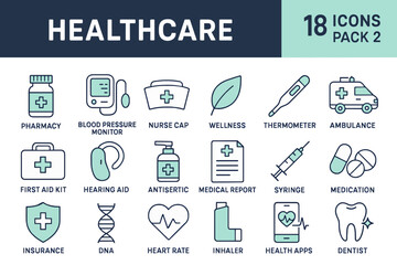 Unique 18-piece healthcare icon set featuring various medical symbols in mint green