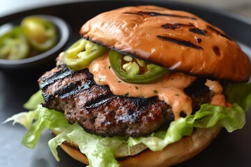 Zesty chipotle burger with a grilled beef patty, chipotle mayo, fresh lettuce, and spicy pickled jalapeños