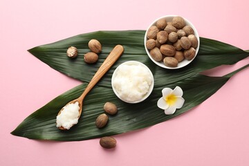 Natural shea butter on pink background, flat lay