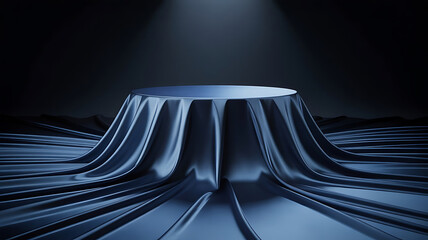 Round podium or pedestal covered with elegant blue silk fabric under a spotlight. Product reveal or showcase concept