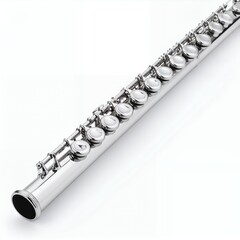Fototapeta premium Refined silver flute instrument close-up captures gleaming artistry and precision on white background