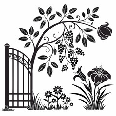 Ornate garden gate with blooming vine and flowers