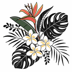 Tropical floral bouquet black white illustration