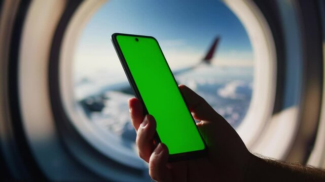 Woman holding green screen smart phone in airplane cabin, using smartphone in airport terminal during the flight, close up of internet wi fi use in public space. 