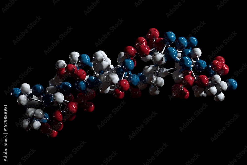 Poster molecule structure with red, blue, white spheres on transparent background