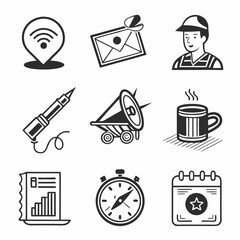 Nine professional hand drawn icons set on white