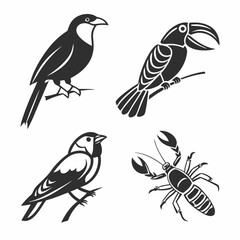 Professional bird and crayfish silhouettes, transparent png