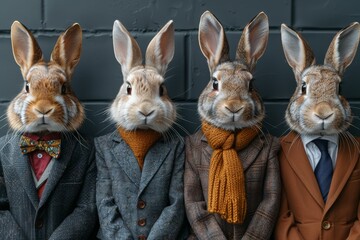 Fototapeta premium A whimsical scene featuring four dressed-up rabbits wearing suits, combining humor and creativity, highlighting the fun side of animal photography and artistic representation.