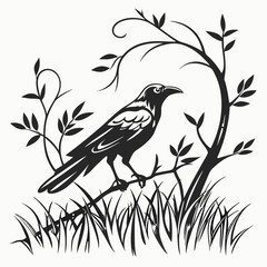 Black crow silhouette on branch with leaves
