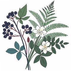 Elegant floral bouquet illustration with berries and fern, transparent background