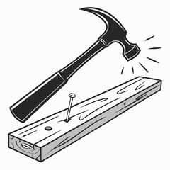 Hammer hitting nail into wooden plank construction