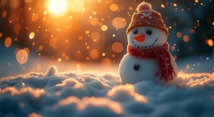 Obraz premium A charming snowman with a hat and scarf stands amidst a snowy landscape, beautifully illuminated by a warm sunset, evoking feelings of joy and nostalgia during winter.