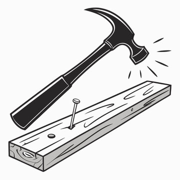 Hammer hitting nail into wooden plank construction
