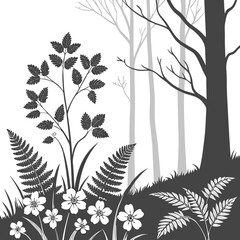 Monochrome forest scene with flowers and ferns
