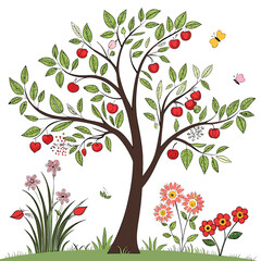 Vibrant cherry tree illustration with flowers and butterflies