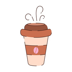 A beige paper coffee cup with a lid and a pink coffee bean icon.