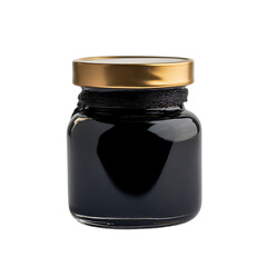 Small jar of black food product with gold lid.