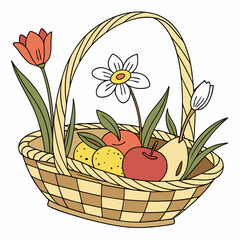 Wicker basket filled with fruit and flowers
