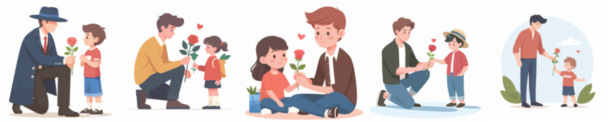 vector of young man giving roses to little boy